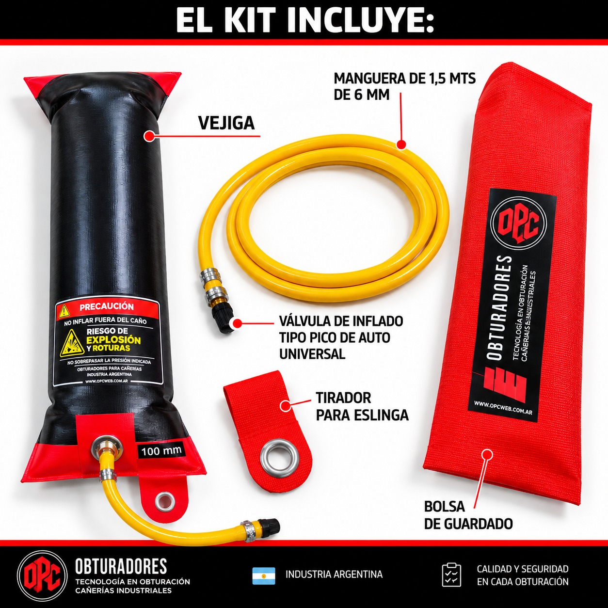 Kit del obturador vejiga OPC: vejiga, manguera de 1,5 mts, válvula de inflado, tirador para eslinga y bolsa de guardado