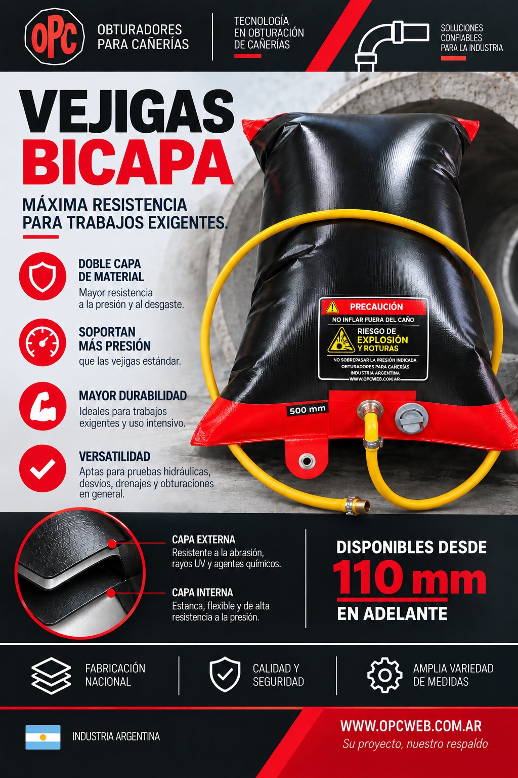 Vejigas bicapa OPC: doble capa de material, soportan el doble de presión que la versión estándar, desde 110 mm